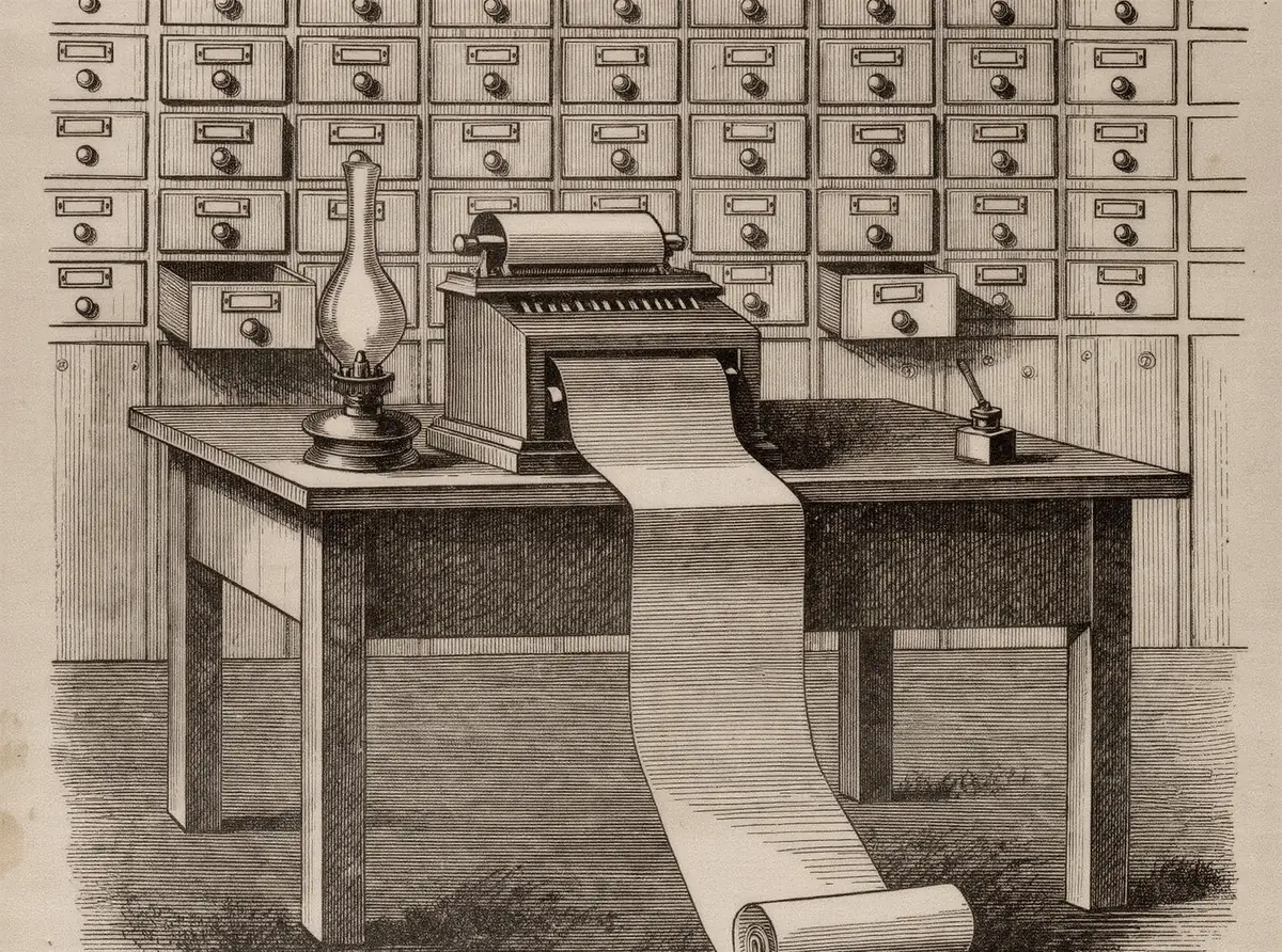 An engraving of a records office: a receipt printer spilling a long paper roll across a clerk's desk, a wall of card-index drawers behind it